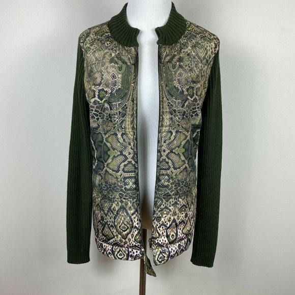 One World Sweater Jacket XL Full Zip Ribbed Knit Printed Green Long Sleeve - Picture 9 of 12